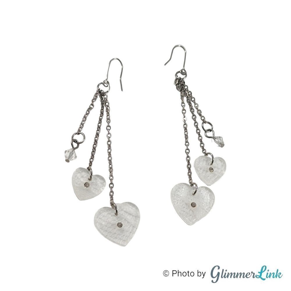 Triple Chain Strand Heart Rhinestone Silver Tone Dangle Earrings